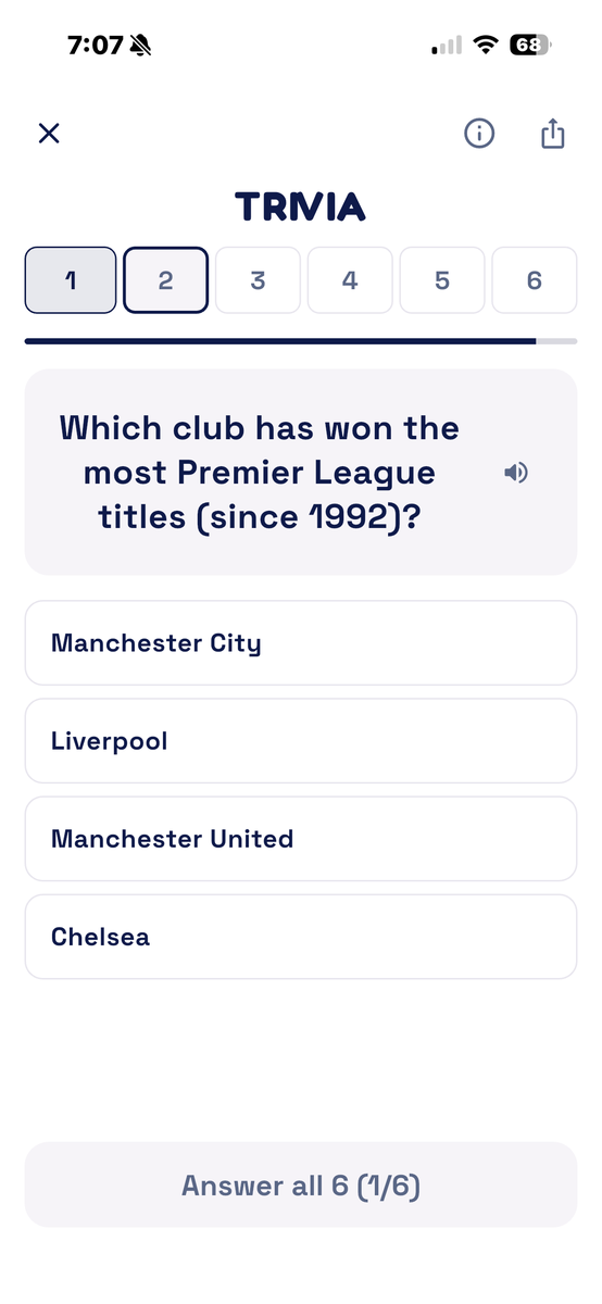 Six trivia questions a day. Answer all six, then see how you did against everyone else.