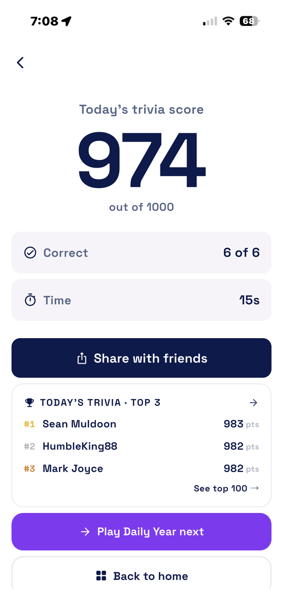 Today's score. Out of a thousand, with your time and how many you got right.