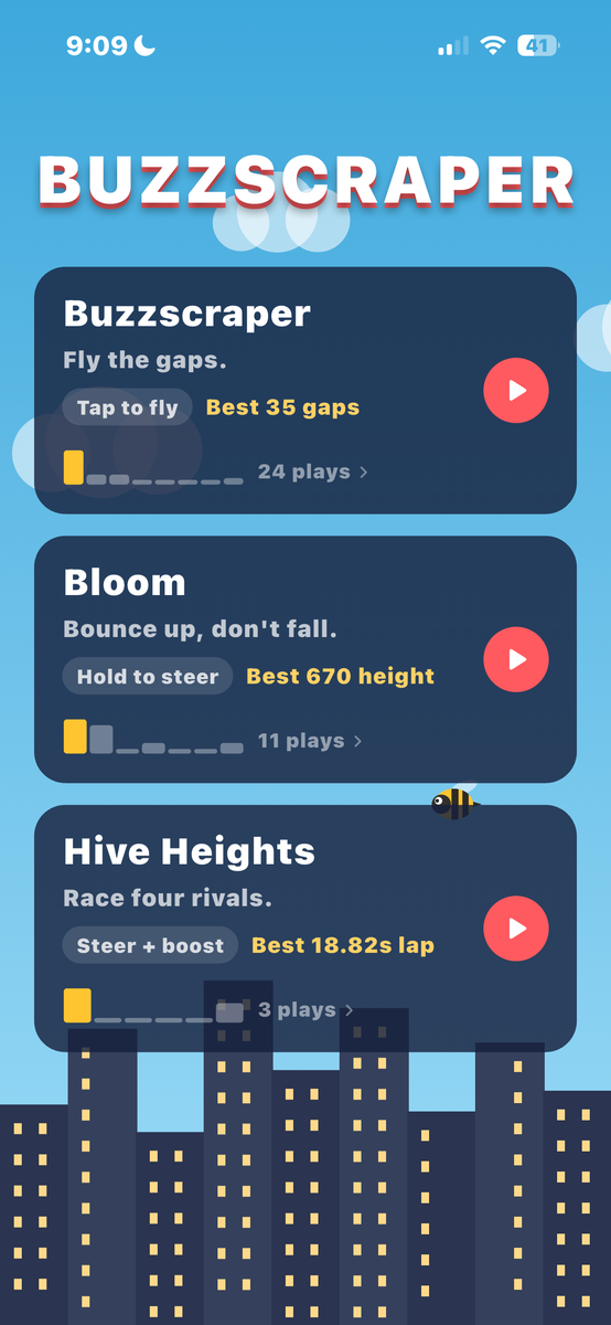 Three games, one app. Buzzscraper, Bloom and Hive Heights.