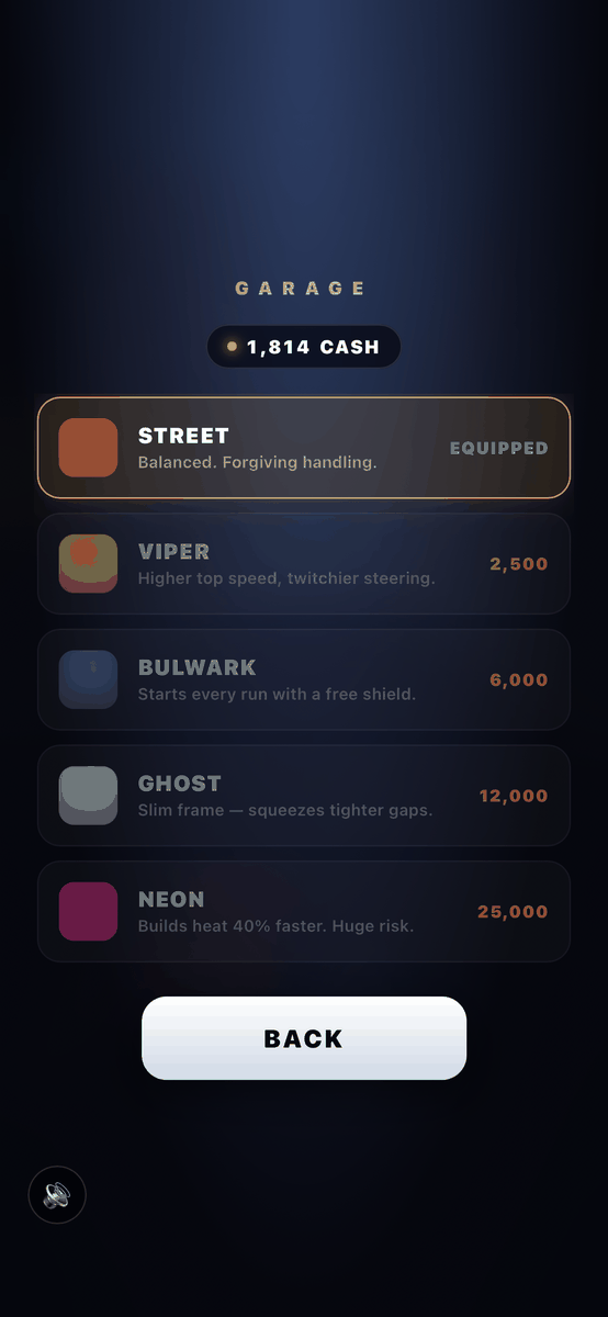 Seven cars. Unlocked with cash you earn playing.