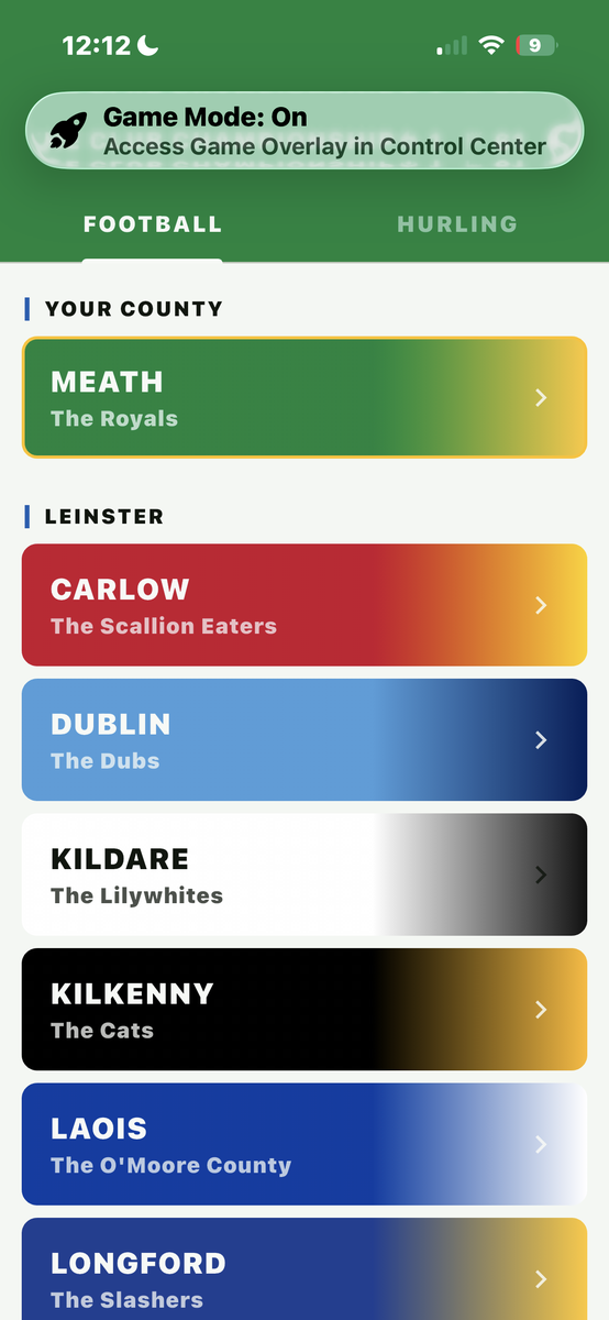 Start with your county. All thirty-two, in their own colours, football and hurling.