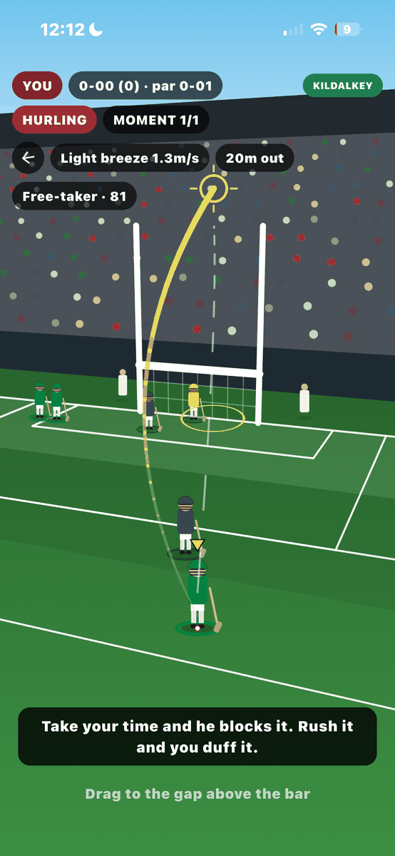Drag to strike. Wind and distance are on screen before you hit it.